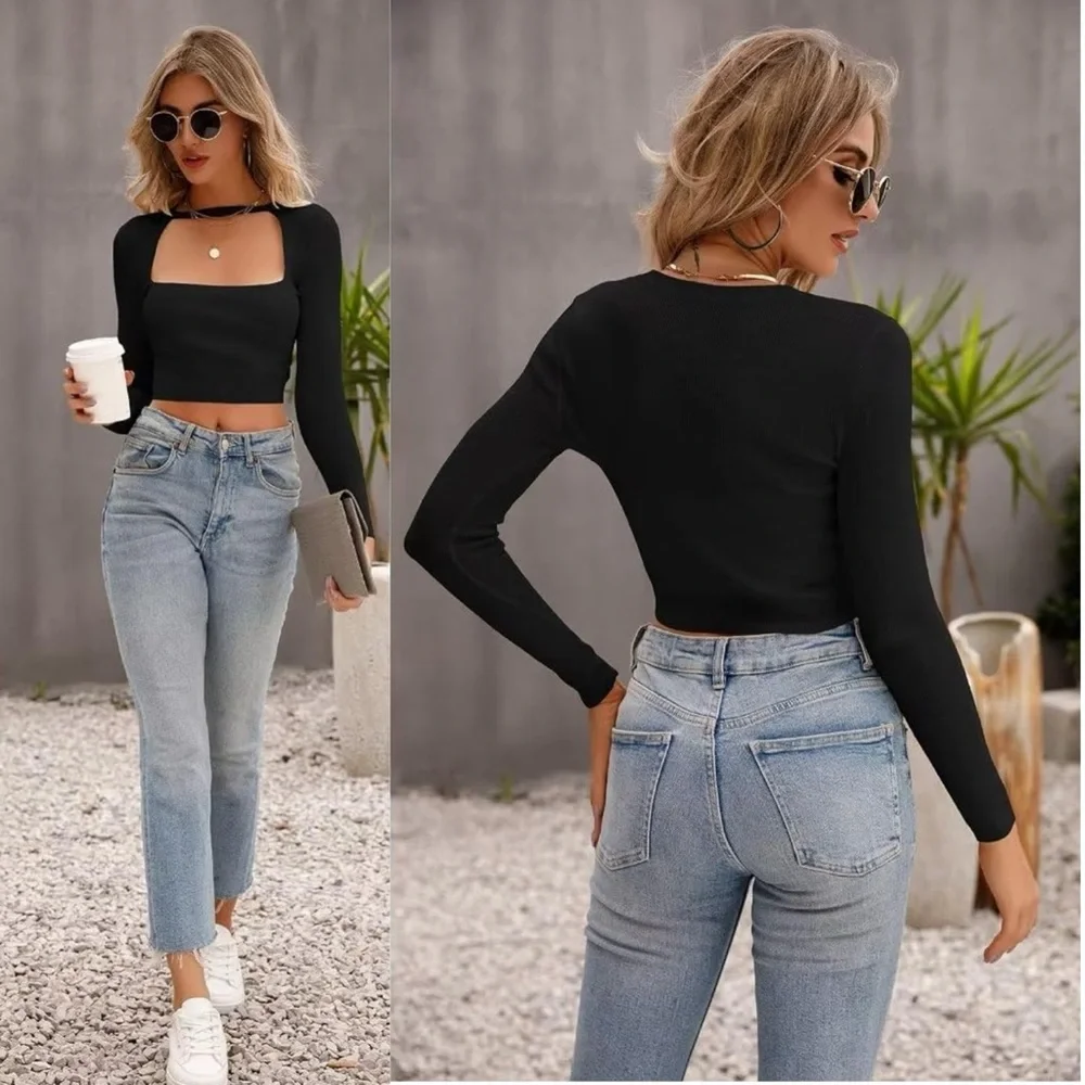NWT Womens Long Sleeve Shirts Women's Sexy Square Neck Basic Crop Top‎ SIZE L